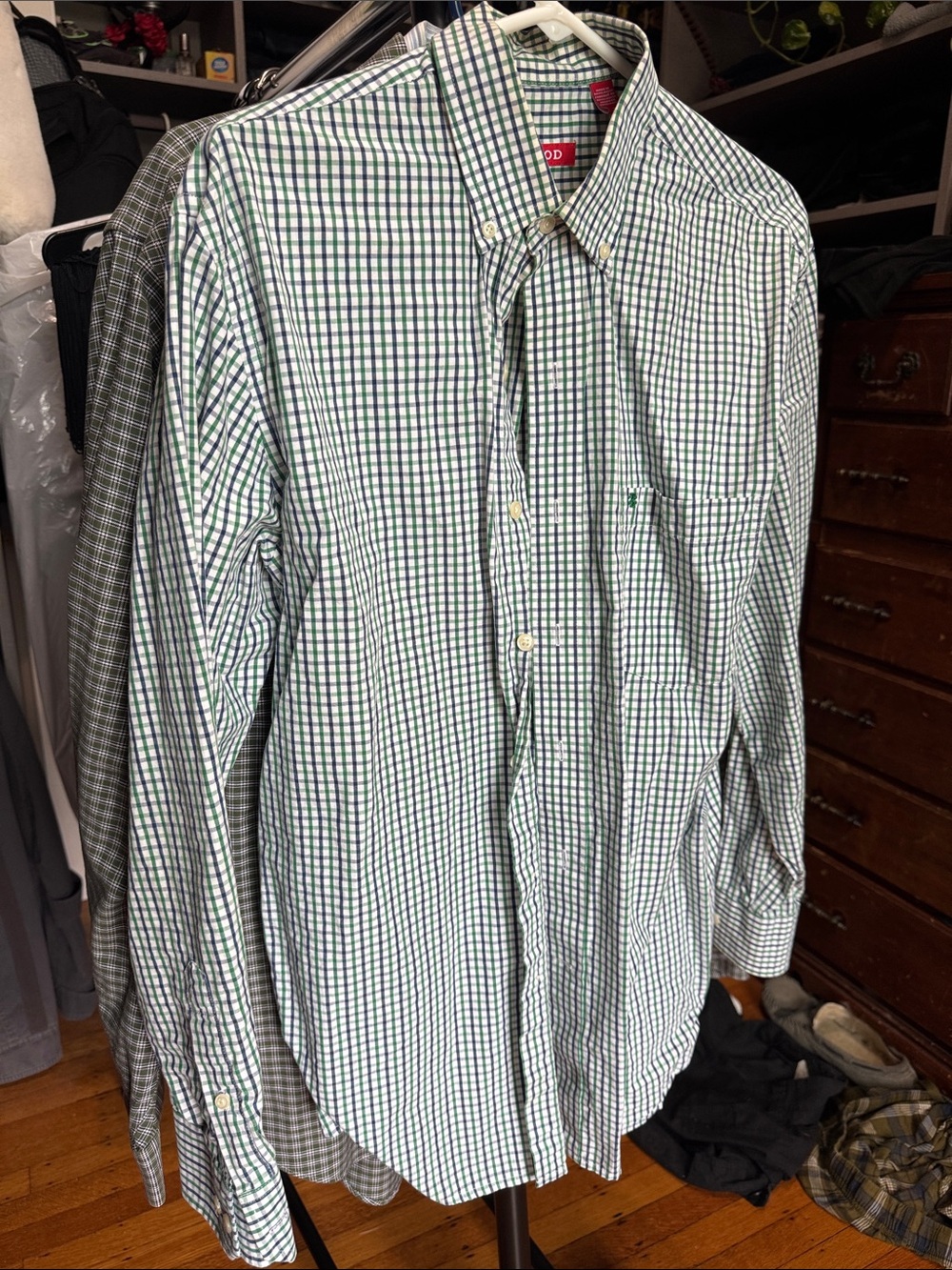 Men's Checked Button-Down Shirt - Green, Blue, and White - izod